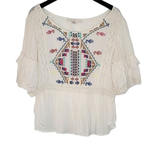 Boston Proper‎ Top XS Cream Embroidered Ruffle Sleeve Peasant Boho Cottage - Picture 1 of 8